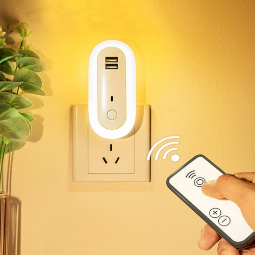 

Dual-USB Remote Control Timer Dimming Night Light Bedroom Socket LED Wall Light, CN Plug