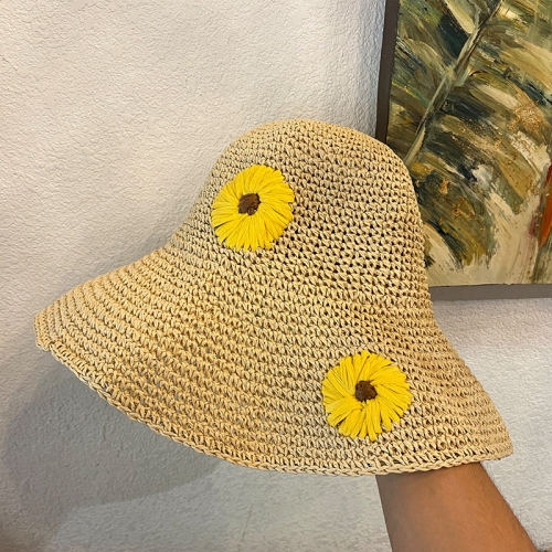 

Ladies Summer Daisy Pattern Sun Hat Beach Sunscreen Big Brimmed Hat Straw Hat, Size: M (56-58cm)(Beige)