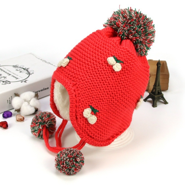

MZ5251 Small Cherry Pattern Children Woolen Hat Plus Velvet Earmuffs Winter Warm Knitted Hat, Size: One Size(Orange)