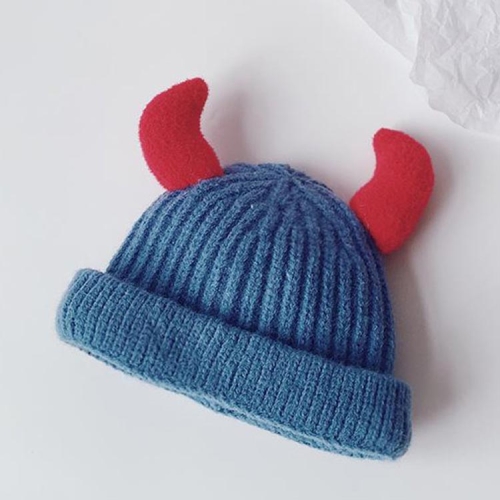 

Children Knitted Hat Winter Warm Cartoon Ox Horns Woolen Hat, Size: Children 2-6 Years Old(Denim Blue)