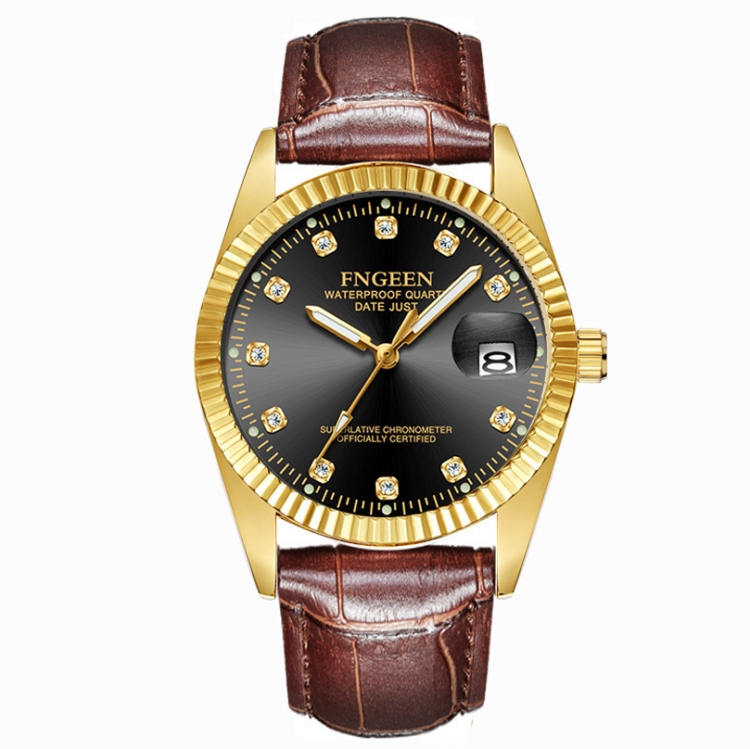 

FNGEEN 7008 Men Fashion Diamond Dial Watch Couple Watch(Brown Leather Full Gold Black Surface)