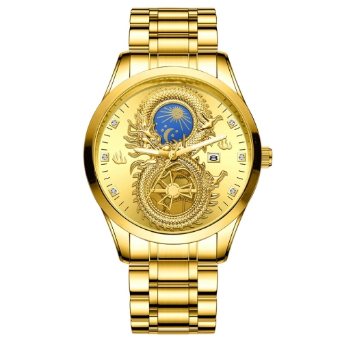 

FNGEEN S999 Men Non-Mechanical Watch Calendar Dragon And Phoenix Pattern Couple Watch(Full Gold Gold Surface)