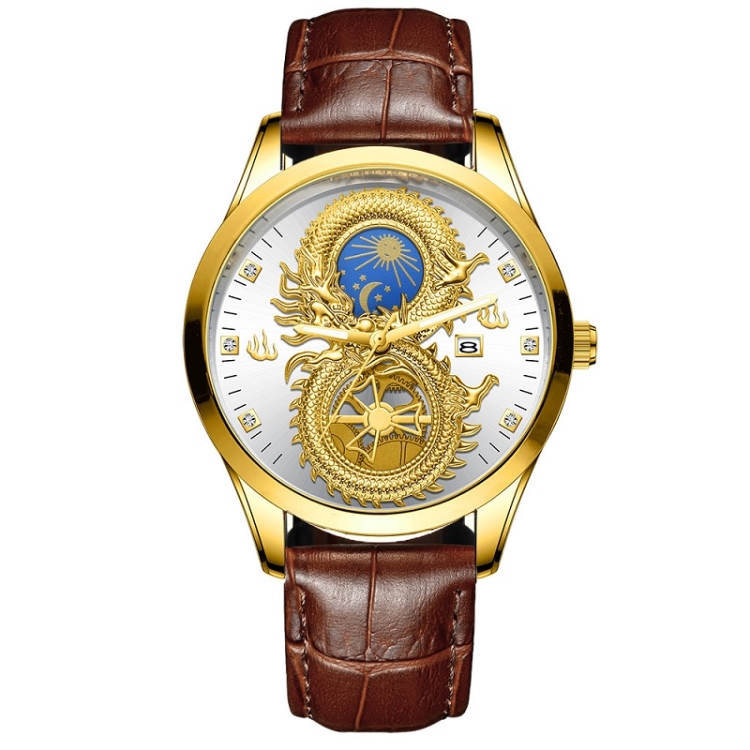 

FNGEEN S999 Men Non-Mechanical Watch Calendar Dragon And Phoenix Pattern Couple Watch(Brown Leather Full Gold White Surface)