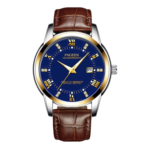 

FNGEEN 2081 Men Quartz Watch Student Luminous Sports Watch(Brown Leather Gold Blue Surface)