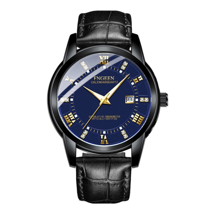 

FNGEEN 2081 Men Quartz Watch Student Luminous Sports Watch(All Black Blue Surface Gold Nails)