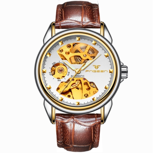 

FNGEEN 8818 Men Automatic Mechanical Watch Double-Sided Hollow Watch(Leather Between Gold White Surface)