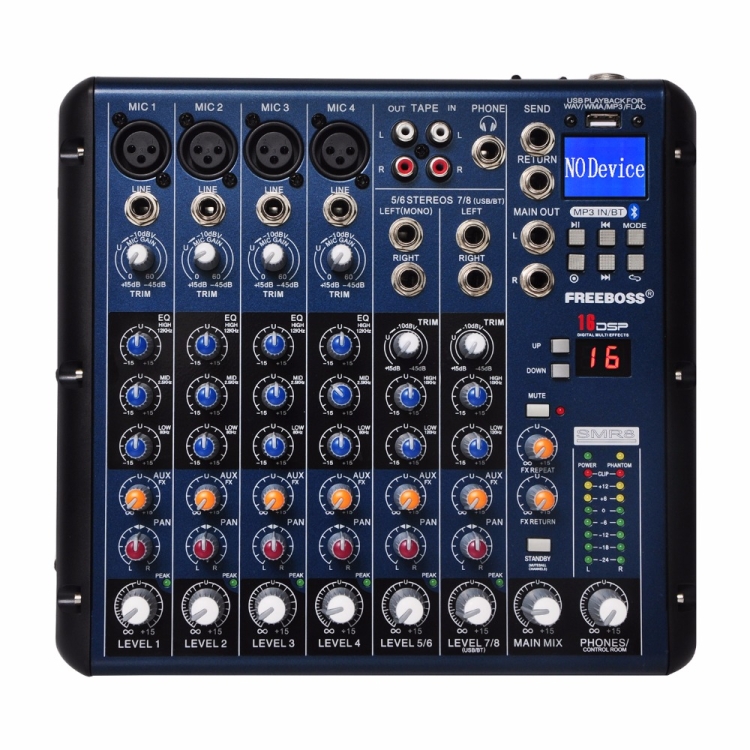 

SMR8 Bluetooth USB Record 8 Channels (4 Mono + 2 Stereo) 16 DSP Church School Karaoke Party USB DJ Mixer