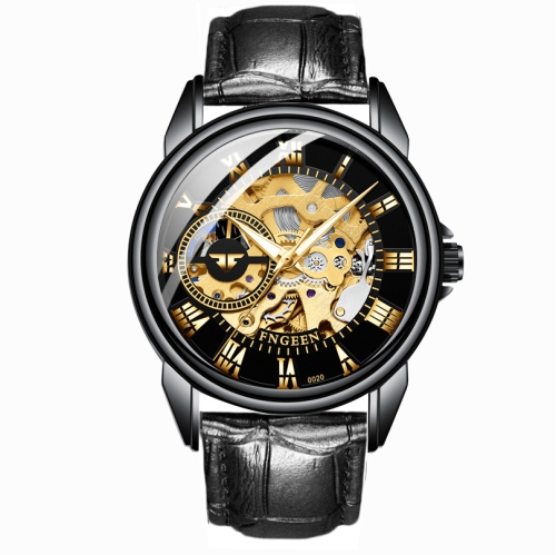 

FNGEEN 0020 Men And Women Automatic Mechanical Watch Double-sided Hollow Business Watch(All Black Leather Golden Nails)