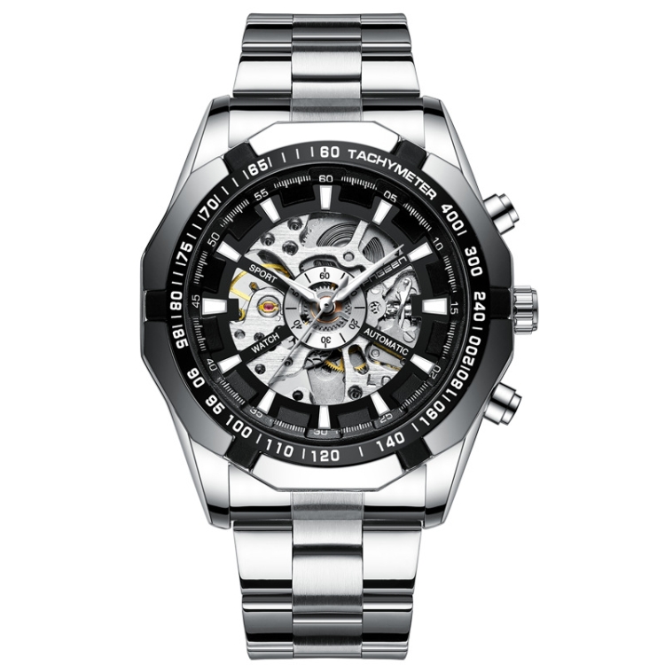 

FNGEEN A001 Men Fashion Steel Band Hollow Watch Automatic Mechanical Watch(Black)
