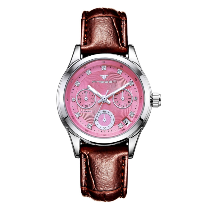

FNGEEN 3579 Ladies Fashion Hollow Automatic Mechanical Watch Calendar Watch(Leather Belt Pink Surface)