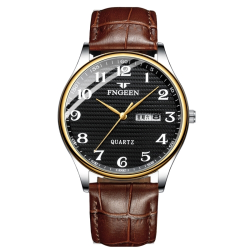 

FNGEEN 7811 Middle-aged and Elderly Men Large Digital Dial Quartz Watch(Brown Leather Between Gold Black Surface)