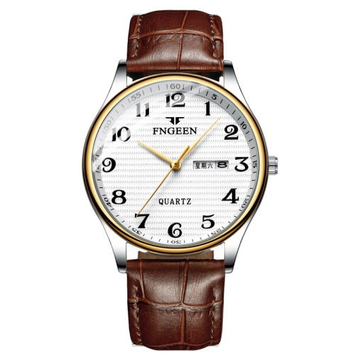 

FNGEEN 7811 Middle-aged and Elderly Men Large Digital Dial Quartz Watch(Brown Leather Between Gold White Surface)