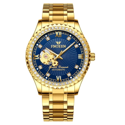 

FNGEEN 8073 Men Automatic Mechanical Watch Diamond Hollow Fashion Watch(Full Gold Blue Surface)