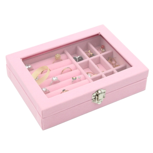 

Home Glass Lid Flannel Storage Jewelry Box With Lid(9 Grids Pink)