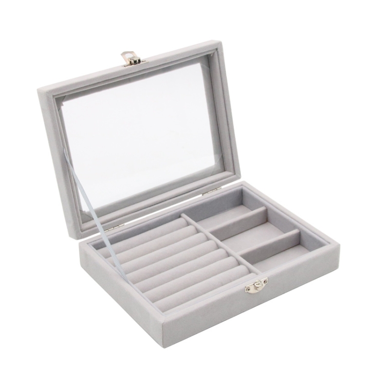 

Home Glass Lid Flannel Storage Jewelry Box With Lid(3 Grids Ice Grey)