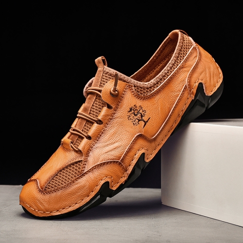 

Men Casual Cowhide Soft Sole Peas Shoes Breathable Mesh Leather Shoes, Size: 44(Light Brown)