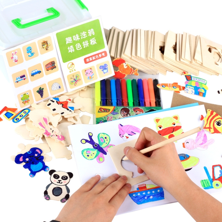 

Wooden Painting Template Toy Kit Baby Graffiti Learning Drawing Tools