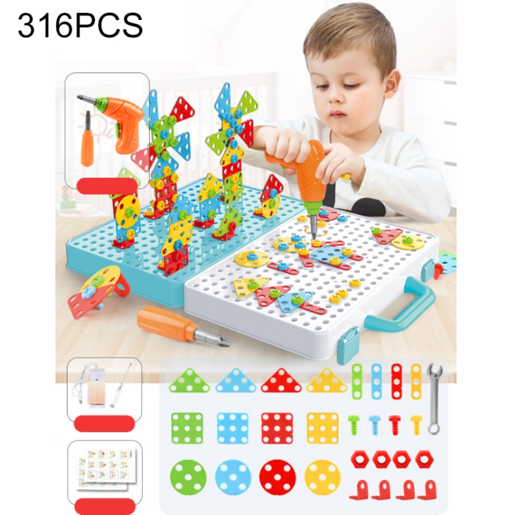 

Children Screw-Tightening Electric Drill Toy Manual Assembly Toolbox, Style: 3D + Electric Drill + Charger (316 PCS)