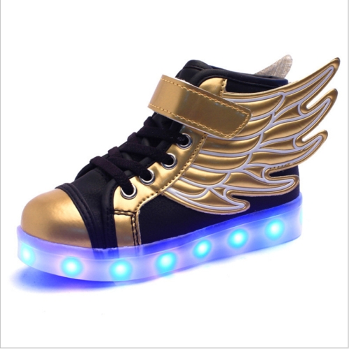 

USB Charging Wings Colorful Luminous Shoes Flash Casual Kids Shoes, Size: 27(Black Gold)