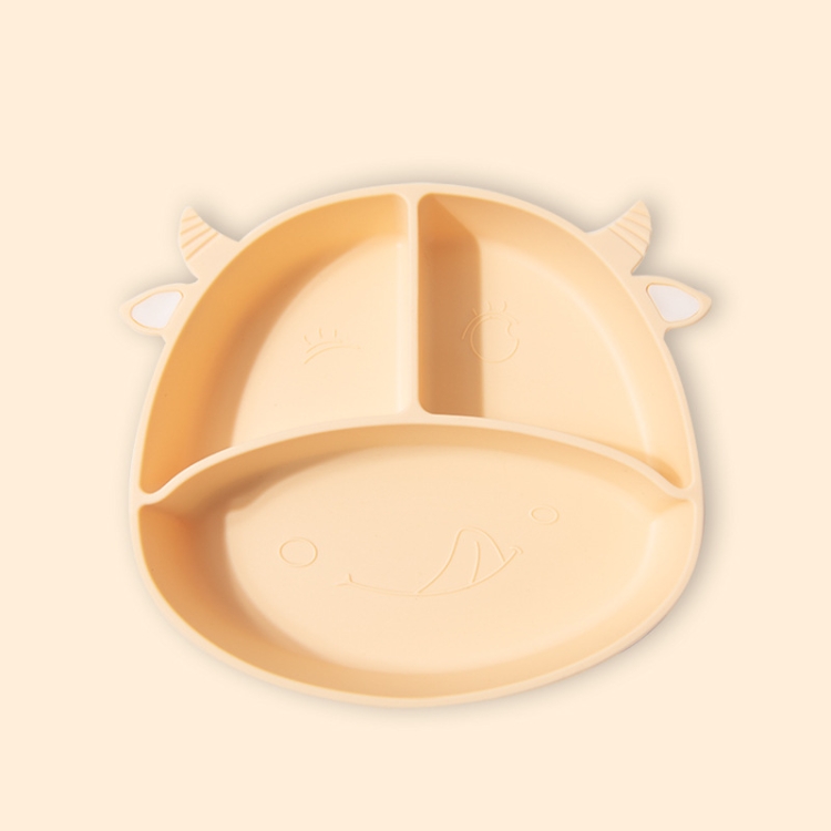 

M010094 Children Silicone Dinner Plate Gridded Anti-Fall Eating Bowl Baby Cartoon Complementary Food Non-Slip Suction Cup Bowl(Cow-Beige)