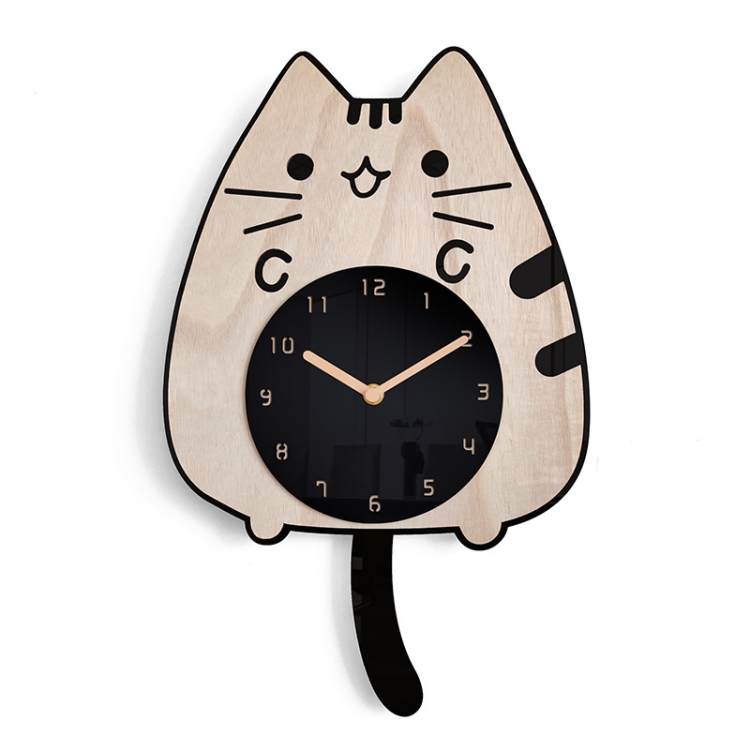 

Wooden Cartoon Clocks Home Decoration Living Room Cat Wagging Tail Swinging Wall Clock