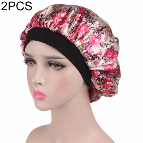 

2 PCS Women Satin Night Sleep Cap Hair Bonnet Hat Silk Head Cover Wide Elastic Band(Magenta Small Flower)