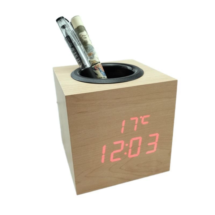 

Multi-function Electronic Clock Home Wood Pen Holder Alarm Clock