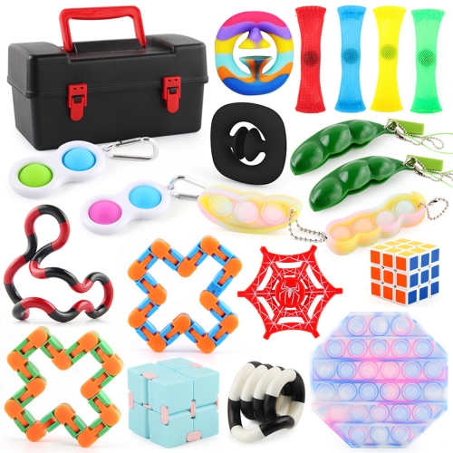 

20 In 1 Unzip Toy Set Finger Bubble Fan Pea Pod Keychain Decompression Chain Toys,Package: Storage Box Set