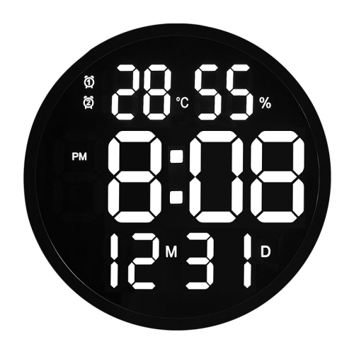 

6620 12 Inch LED Simple Wall Clock Living Room Round Silent Digital Temperature And Humidity Electronic Clock(Black Frame US Plug)