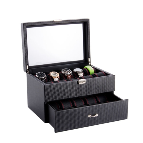 

20 Grid Double-Layer Watch Storage Box Carbon Fiber Leather Watch Display Box With Lock & Glass Sunroof