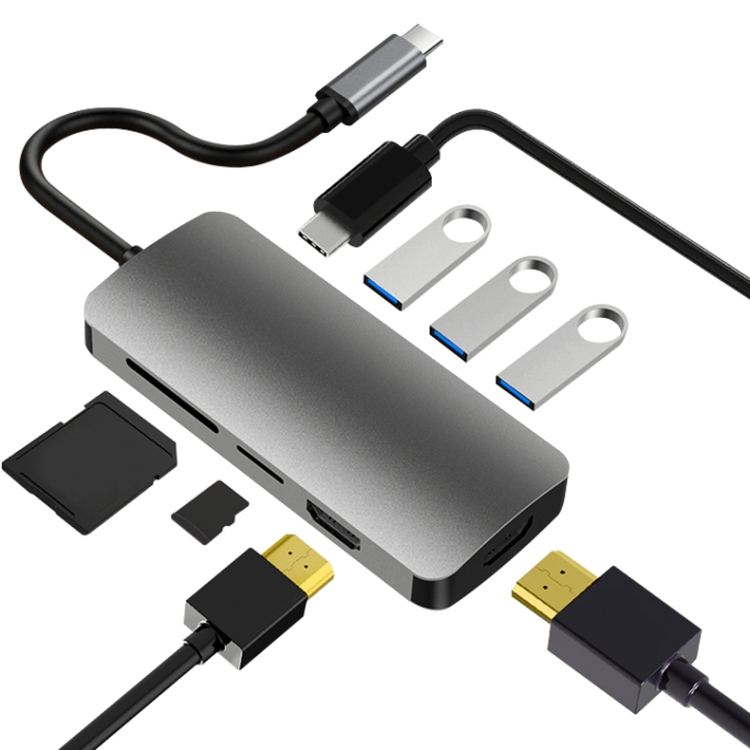

8 In 1 USB-C / Type-C To 3 USB 3.0 + Dual 4K HDMI + SD / TF Card Slot + PD USB-C / Type-C Charging Ports Multifunctional HUB Docking Station