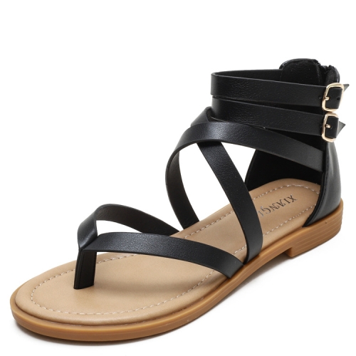 

Ladies Summer Strappy Cross Sandals Roman Style Low-Heeled Retro Shoes, Size: 36(Black)