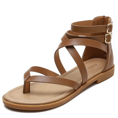 

Ladies Summer Strappy Cross Sandals Roman Style Low-Heeled Retro Shoes, Size: 36(Brown)