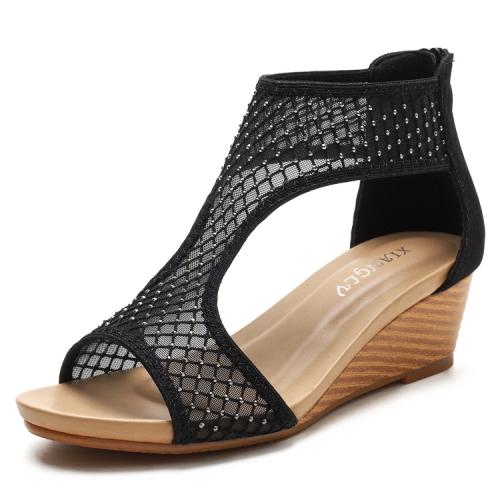 

Ladies Summer Sandals All-Match Casual Mesh Thick Sole Wedge Heel Shoes, Size: 36(Black)