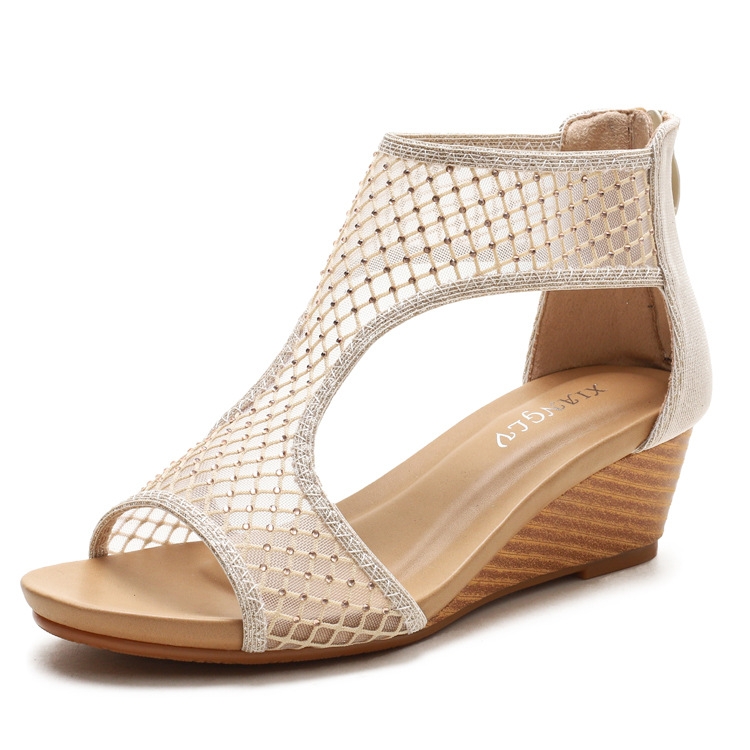 

Ladies Summer Sandals All-Match Casual Mesh Thick Sole Wedge Heel Shoes, Size: 37(Golden)