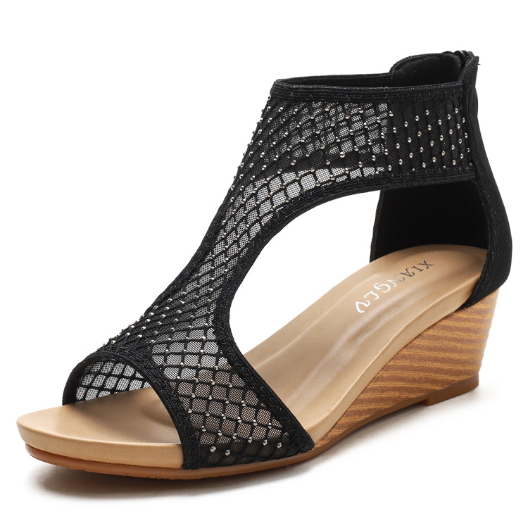 

Ladies Summer Sandals All-Match Casual Mesh Thick Sole Wedge Heel Shoes, Size: 41(Black)