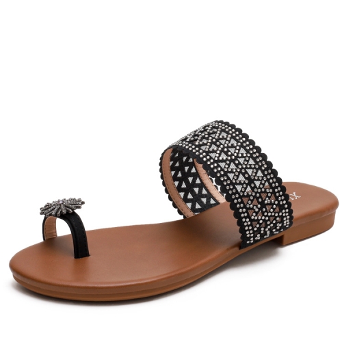 

Women Summer Sandals Bohemian Style Buckle Seaside Flats Shoes, Size: 38(Black)