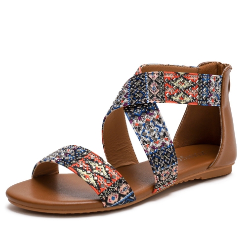 

Ladies Summer Sandals Bohemian Ethnic Beach Flat Shoes, Size: 37(Brown)