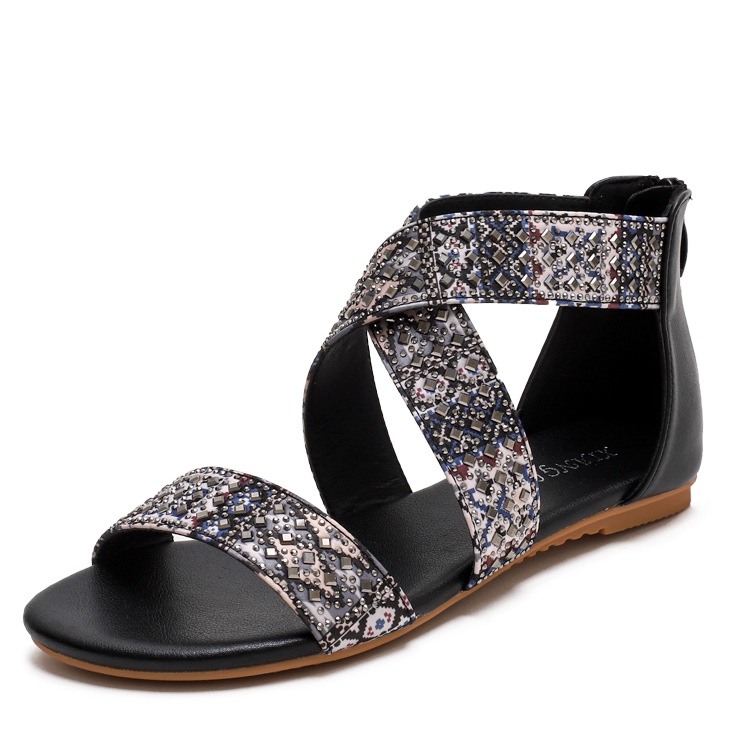 

Ladies Summer Sandals Bohemian Ethnic Beach Flat Shoes, Size: 38(Black)