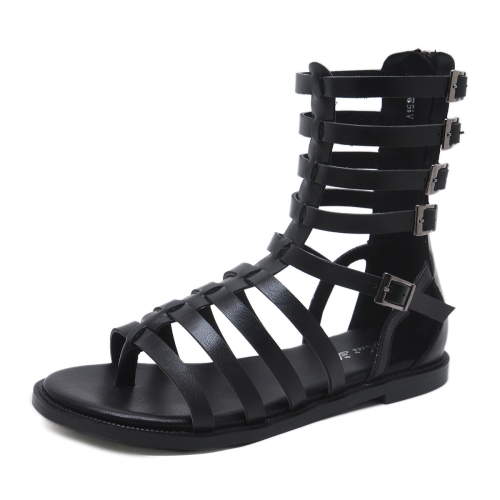 

Ladies Open Toe Back Zip High-Top Sandals Flat Roman Style Sandals, Size: 38(Black)