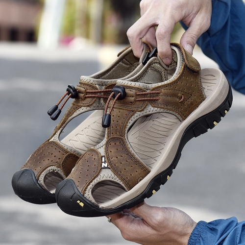 

Summer Large Size Men Beach Shoes Leather Breathable Wading Casual Sandals, Size: 42(Dark Brown)