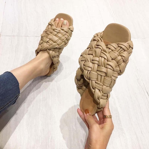 

Women Summer Open-Toed Sandals Woven Flat Slippers, Size: 38(Khaki)