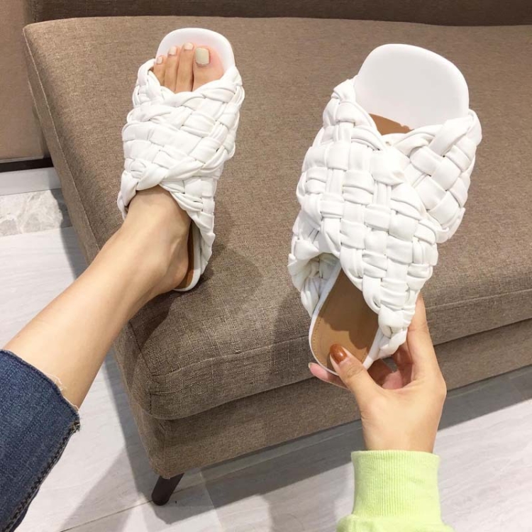 

Women Summer Open-Toed Sandals Woven Flat Slippers, Size: 41(White)