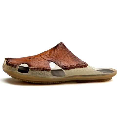 

Summer Men Leather Slippers Casual Large Size Flat Beach Shoes, Size: 45(Red Brown)