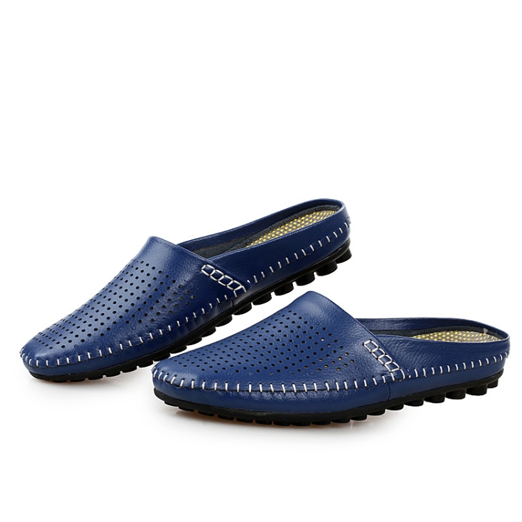 

Summer Hollow Men Sandals Breathable Soft Men Casual Slippers Leather Shoes, Size: 40(Dark Blue)