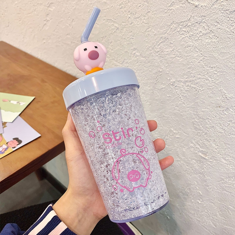 

Summer Cartoon Pig Crushed Ice Cup Portable Stirring Straw Cup Cartoon Double Layer Plastic Cup(Glacial Blue)