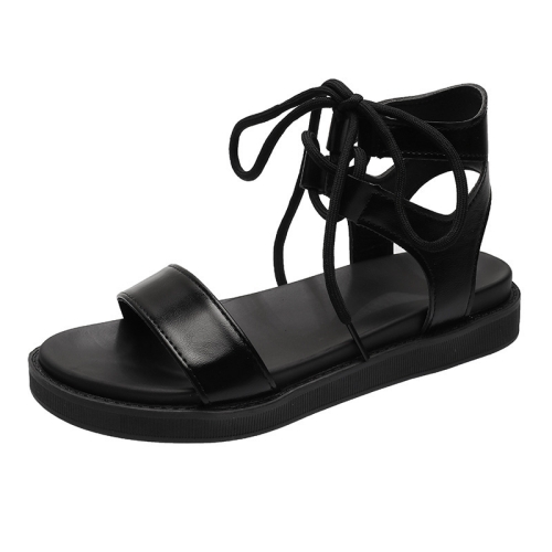 

Flat Lace-Up Sandals Thick-Soled Comfortable Fashionable Roman Style Women Shoes, Size: 39(Black)
