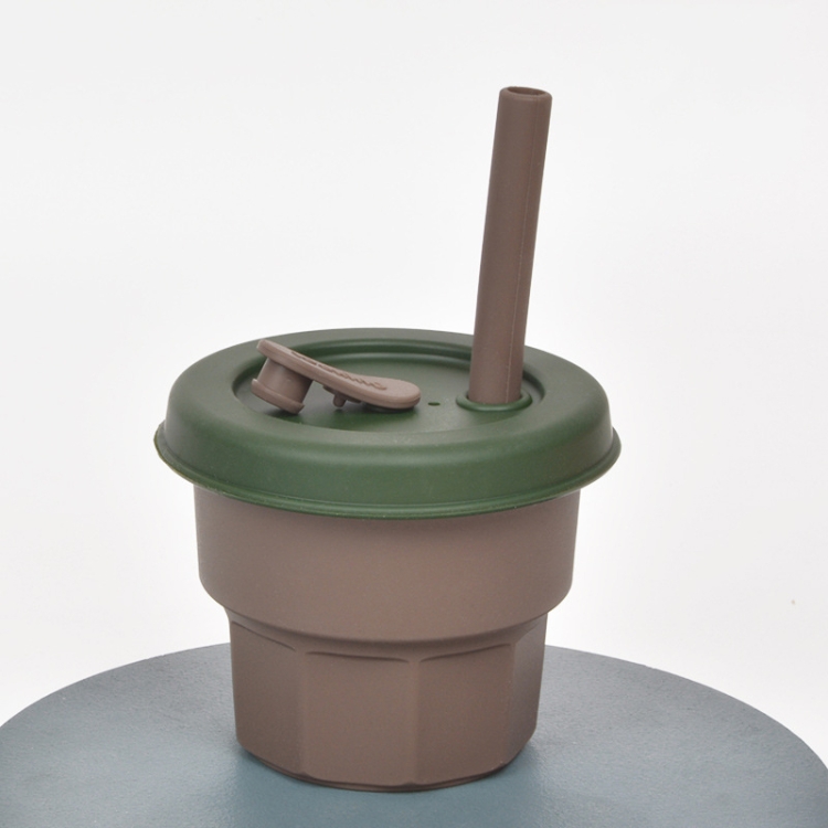 

Children Silicone Straw Cups Drop And High Temperature Resistant Water Cups Brown Cup+Ink Green Cover(300ml)