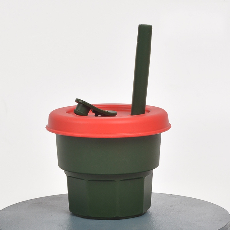 

Children Silicone Straw Cups Drop And High Temperature Resistant Water Cups Ink Green Cup + Dark Red Cover(300ml)