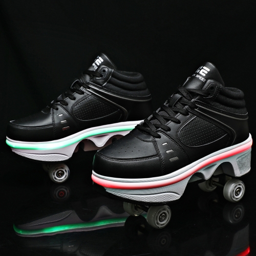 

Walkable and Slippery Four-Wheel Roller Skates Shoes Wheel Shoes Colorful Luminous Heelys, Size: 35(Black)